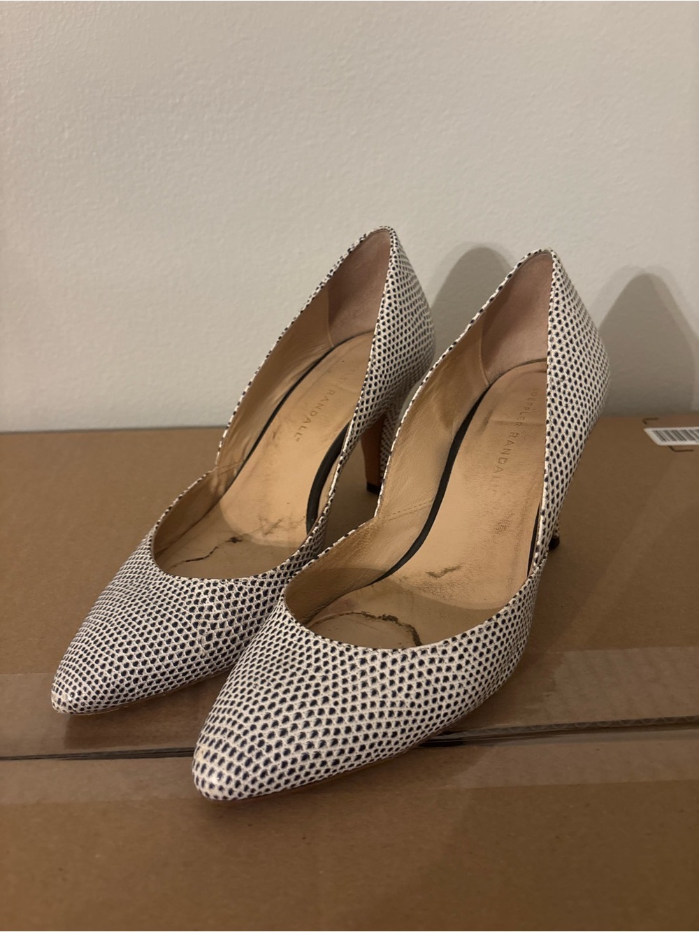 Loeffler Randall Pointed Toe Women's Heels in White with Blue/Black Dot Pattern